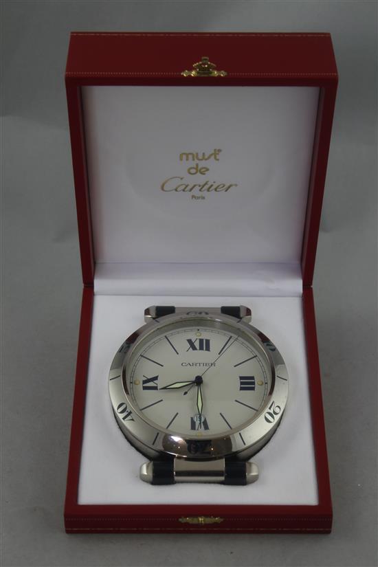 A Must de Cartier chromed steel desk timepiece, 5in., in original fitted box